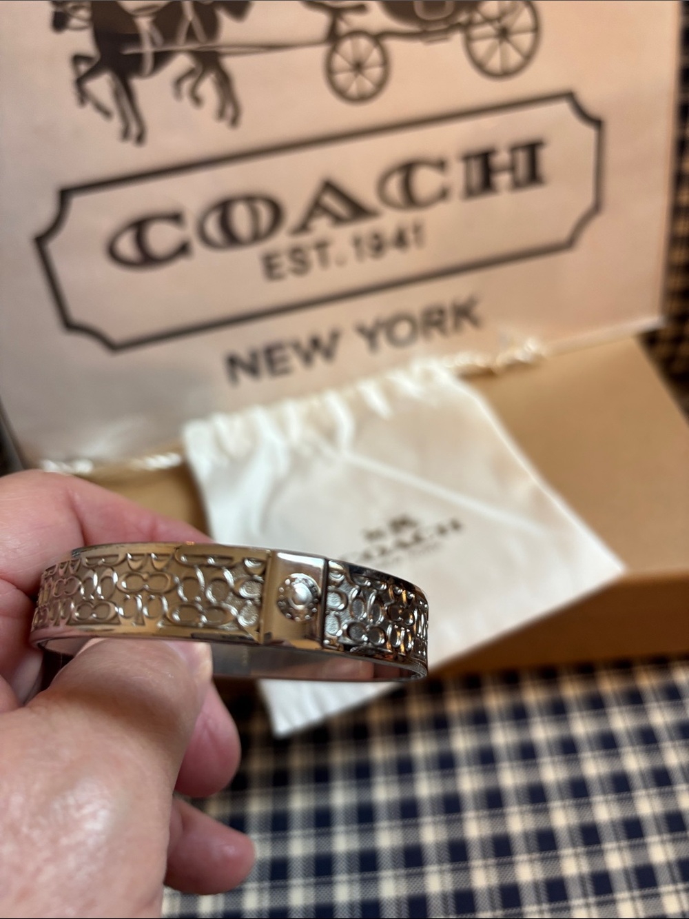 Coach Silver Tone Filigree Logo Bangle Bracelet - Picture 5 of 7